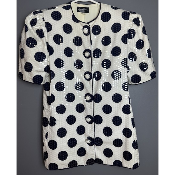 Vintage Karen Lawrence Sequin White & Navy Blue Polka Dot Women's Blouse Size-8 - Picture 2 of 13